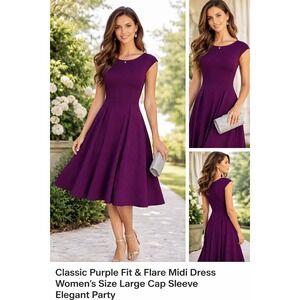 Classic Fit and Flare Rockabilly Dress W Large Purple Excellent Cap Sleeve Midi